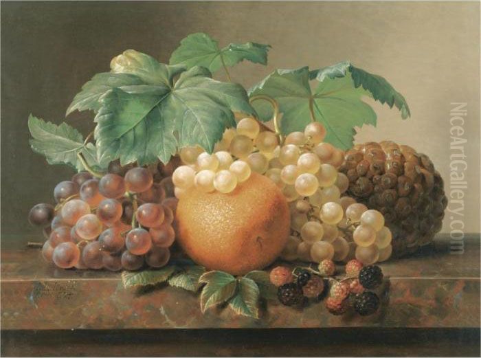 Stilleben Med Vindruer, Brombaer,
 Appelsin Og Ananas (a Still Life Of Grapes, Blackberries, An Orange And
 A Pineapple) Oil Painting by Johan Laurentz Jensen
