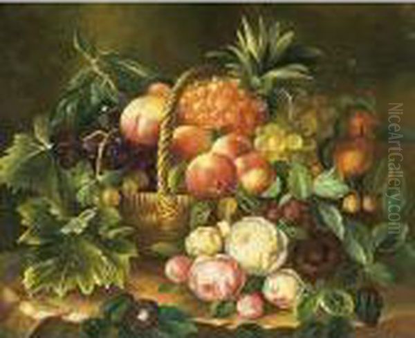 Uppiges Fruchte- Und 
Blumenstillleben In Einem Weidenkorbmit Pfirsichen, Trauben, Ananas, 
Erdbeeren Und Rosen Oil Painting by Johan Laurentz Jensen