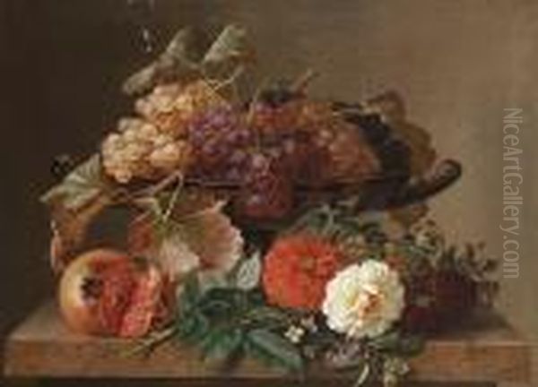 Still Life With A Tazza Of 
Grapes, Pomegranate, Pansies, Chrysanthemums, Forget-me-nots And Other 
Flowers On A Marble Ledge Oil Painting by Johan Laurentz Jensen