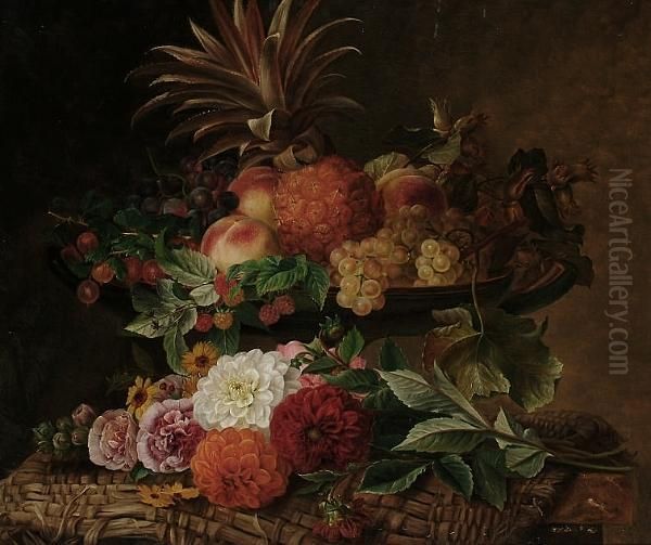 Impressive Still Life Of A 
Pineapple, Other Fruits And Flowers Displayed On A Woven Cloth On A 
Ledge Oil Painting by Johan Laurentz Jensen