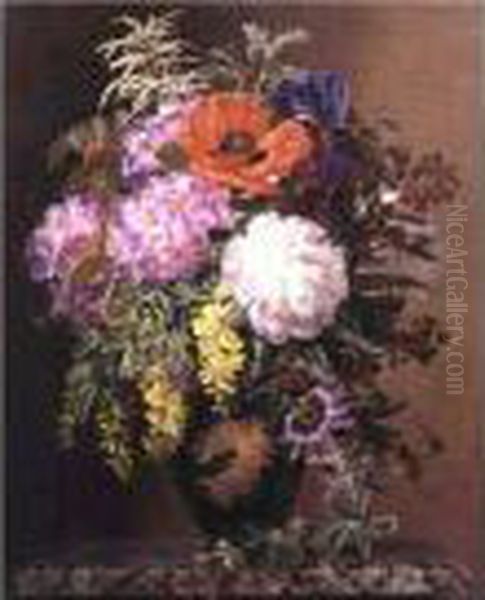 Red, Pink And White Roses And 
Orange, Yellow And Pink Primroses In An Etruscan Vase On A Marble Base Oil Painting by Johan Laurentz Jensen