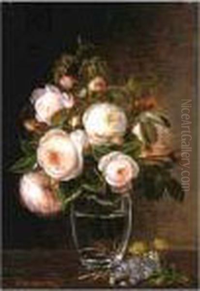Roses In A Glass Vase With 
Yellow Buttercups, Forget-me-nots And Chickweed On A Marble Ledge Oil Painting by Johan Laurentz Jensen