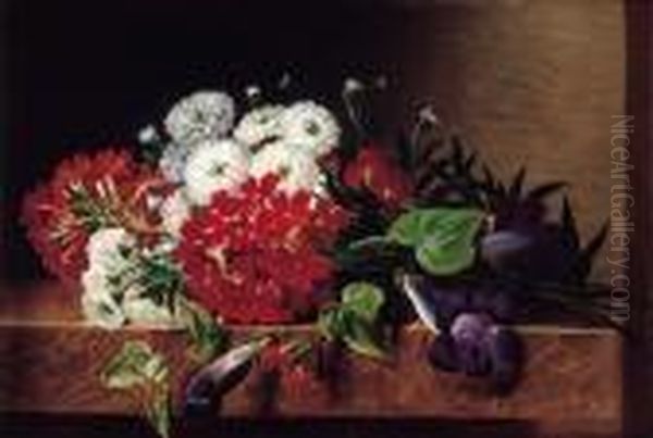 Iris, Dahlia, Pelargonium And Ivy Leaves On A Brown Marble Ledge Oil Painting by Johan Laurentz Jensen