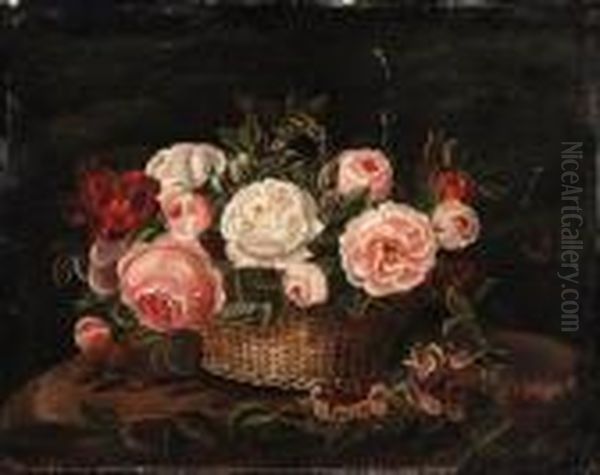 A Basket Of Roses Oil Painting by Johan Laurentz Jensen