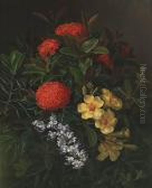 Allemanda, Ixora And Orchids Oil Painting by Johan Laurentz Jensen