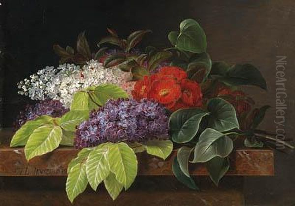 Grapes, Strawberries, A Peach, 
Hazelnuts And Berries In A Bowl On Amarble Ledge; And White And Purple 
Lilacs, Camellia And Beechleaves On A Marble Ledge. Oil Painting by Johan Laurentz Jensen