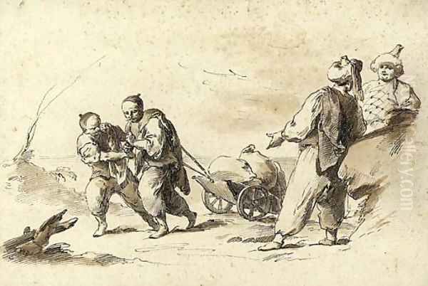 Four orientals, two pulling a cart Oil Painting by Pietro Antonio Novelli