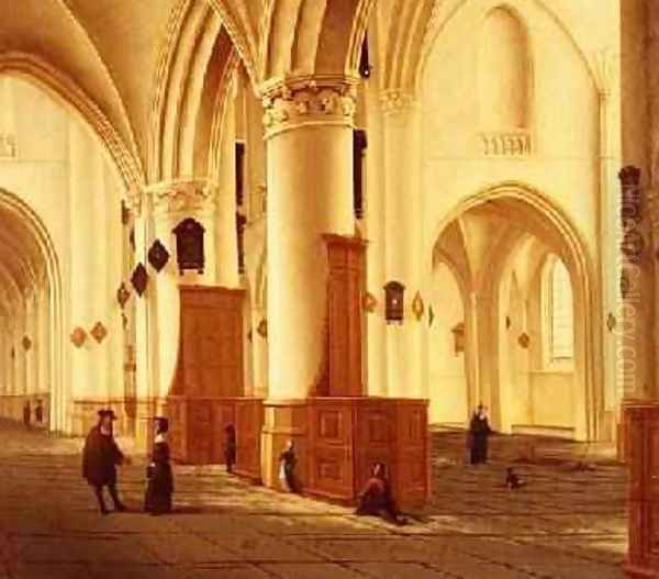 Views of the north and south aisles of the church of StBavo Haarlem Oil Painting by Isaak Nickelen