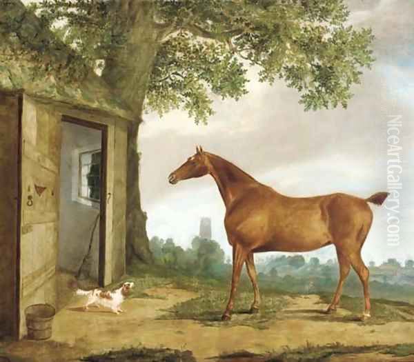 A chestnut hunter and spaniel before a stable, a church beyond Oil Painting by G.B. Newmarch