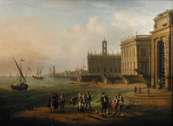 A Capriccio Landscape With 
Market Folk By The Palazzo De' Senatore And Palazzo De' Conservatori On 
The Capitoline Hill Oil Painting by Antonio Joli