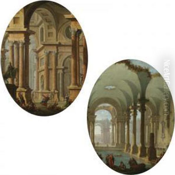 An Architectural Capriccio With Christ Driving The Money-traders From The Temple;
 An Architectural Capriccio With Christ Healing The Sick Oil Painting by Antonio Joli