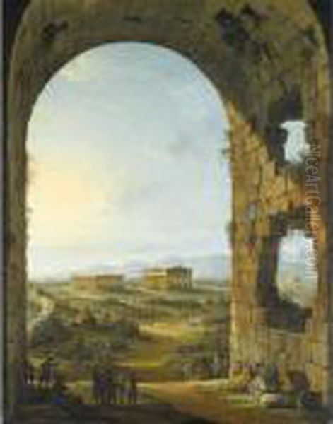 Paestum In Evening Light With 
Merry Travellers And An Artist Sketching Below A
 Stone Arch Oil Painting by Antonio Joli