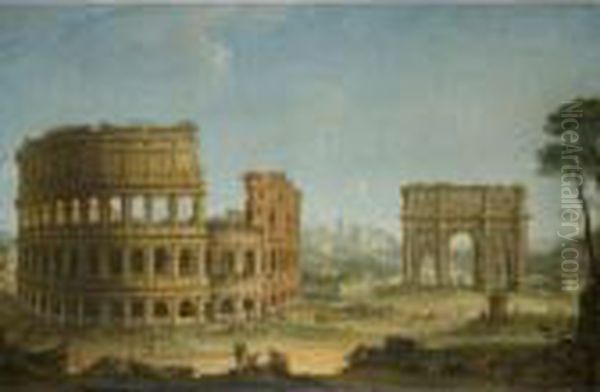 Rome A View Of The Colosseum And
 The Arch Of Constantine With An Artist 
Sketching In The Right Foreground Oil Painting by Antonio Joli