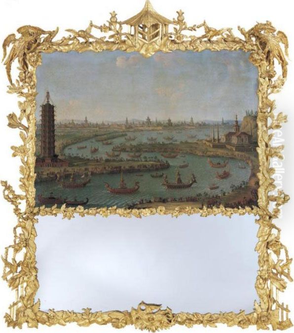 Capriccio Of The River Menam, 
With The French Ambassador Approaching The King Of Siam's Palace, With 
The White Porcelain Pagoda Near Nanjing, China Oil Painting by Antonio Joli