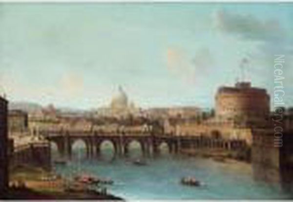 Rome, A View Of The Tiber With 
The Ponte And Castel Sant'angelo, St. Peter's Basilica And The Vatican 
Beyond Oil Painting by Antonio Joli