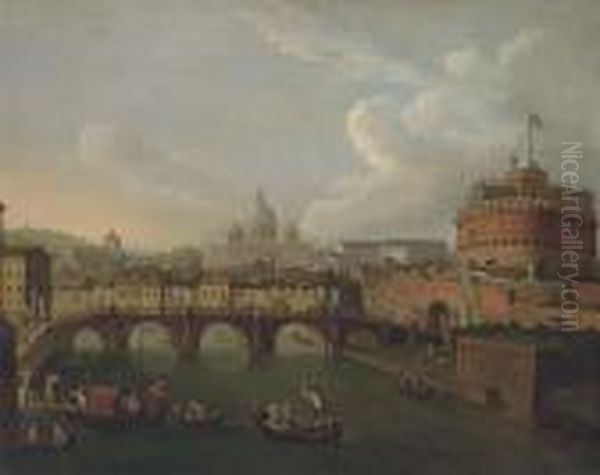The Tiber, Rome, Looking Towards
 The Ponte Sant'angelo And Thecastel Sant'angelo, Saint Peter's Beyond Oil Painting by Antonio Joli