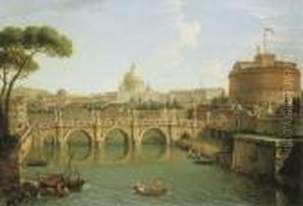 Rome, A View Of The Tiber 
Looking Downstream With The Castel And Ponte Sant' Angelo, Saint Peter's
 Basilica And The Vatican, Santo Spirito In Sassia And The Janiculum 
Beyond Oil Painting by Antonio Joli