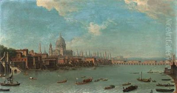 A Panoramic View Of The City Of 
London From The Thames Near Thewater Gate Of Somerset House Oil Painting by Antonio Joli