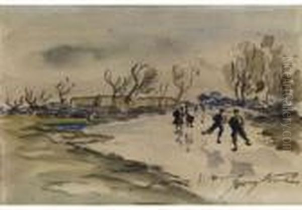 Schlittschuhlaufer In Weiter Niederlandischer Landschaft Oil Painting by Johan Barthold Jongkind
