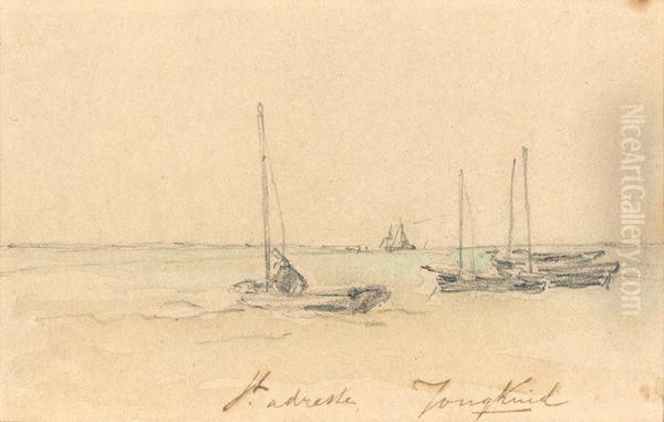 Barques Sur La Greve A Saint Adresse Oil Painting by Johan Barthold Jongkind