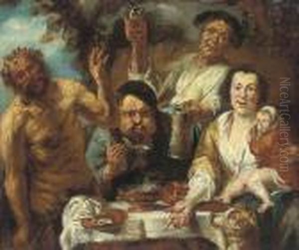 A Satyr And Three Peasants Feasting 
Oil On Canvas Oil Painting by Jacob Jordaens