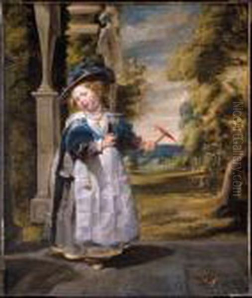 Portrait Of The Painter's 
Daughter Anna Catharina, Full Length, Standing On A Terrace Holding Her 
Pet Finch Oil Painting by Jacob Jordaens