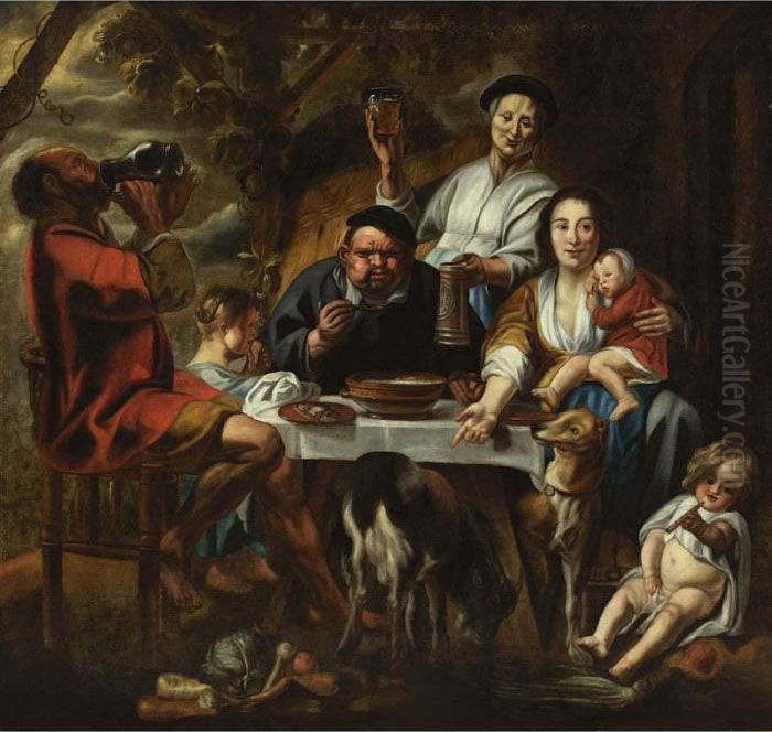 A Peasant Eating Porridge At A 
Table Together With A Mother And Child And Other Figures Drinking And 
Eating, Dogs In The Foreground Oil Painting by Jacob Jordaens
