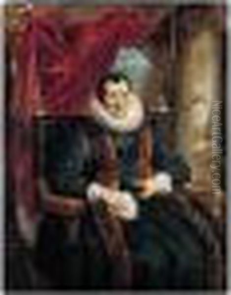 Portrait Of Magdalena De Cuyper,
 Seated Three-quarter Length In Black, With White Lace Cuffs And Ruff, 
And A Fur-trimmed Coat, Before An Opening Partly Concealed By A Draped 
Red Cloth Oil Painting by Jacob Jordaens