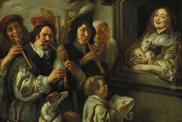 The Serenade: Musicians Serenading A Woman At A Window Oil Painting by Jacob Jordaens