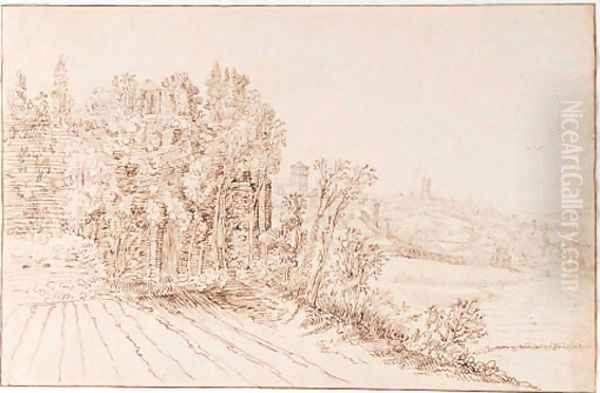 A ruined chapel among trees on a rise, the church of Santa Maria Nova, Rome, beyond Oil Painting by Willem Van, The Senior Nieulandt