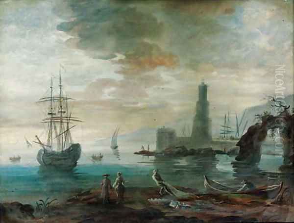 Figures at the waters edge and a sailing vessel at anchor with a castle beyond Oil Painting by Noel, Alexandre Jean