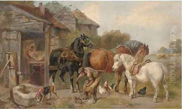 At the farriers Oil Painting by John Sargeant Noble, R.B.A.