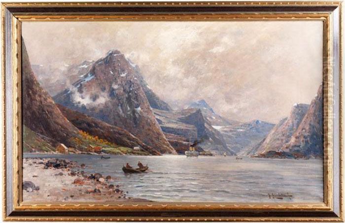 Fijordlandschaft Mit Hausern Am 
Ufer,fischern Im Kahn Und Einem Rauchenden Dampfer Im Hintergrund Oil Painting by Johann Jungblutt