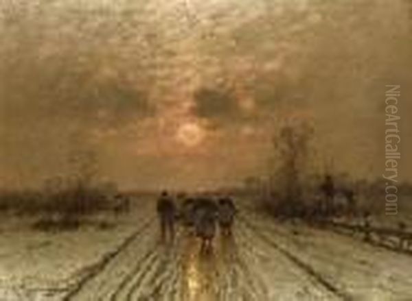 Winterlandschaft Im Abendlicht Mit
 Heimkehrenden Bauern. Oil Painting by Johann Jungblutt