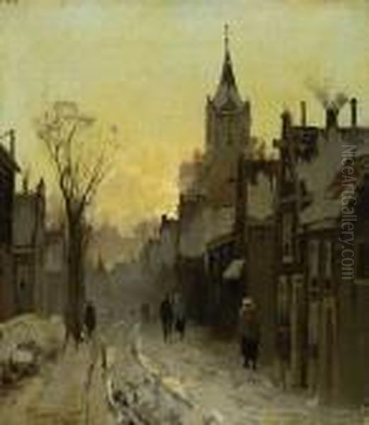 Strasenszene In Winterlicher
 Kleinstadt. Oil Painting by Johann Jungblutt