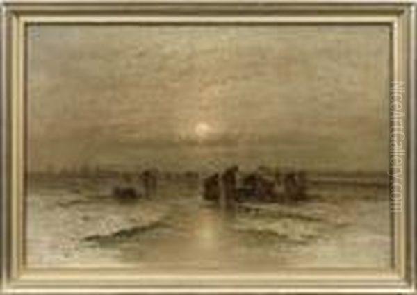 Hollandische Abendlandschaft Mit Eisfischern Oil Painting by Johann Jungblutt