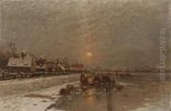 Winterabend In Einem Hollandischen
 Dorf. Oil Painting by Johann Jungblutt