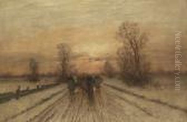 Abendlicher Heimweg In
 Winterlandschaft. Oil Painting by Johann Jungblutt