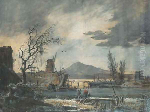 A harbour seen in winter, under a stormy sky Oil Painting by Noel, Alexandre Jean