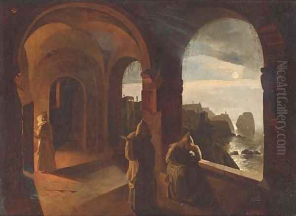 Monks in a Capucine monastery by moonlight Oil Painting by Timoleon Carl von Neff