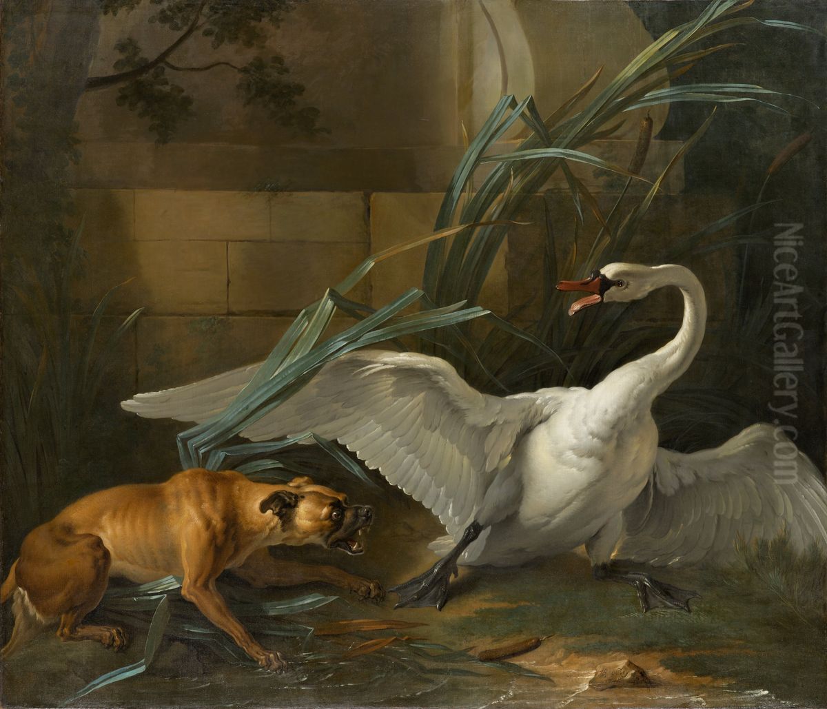 Swan Attacked by a Dog Oil Painting by Jean-Baptiste Oudry