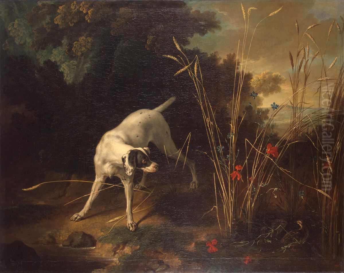 Dog Pointing a Partridge Oil Painting by Jean-Baptiste Oudry