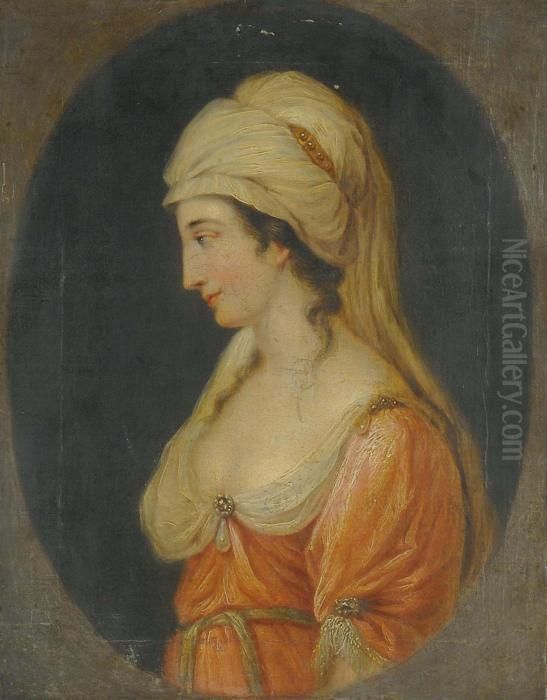 Portrait Of A Lady, Small 
Half-length, In Profile, In A Pink Dress With White Chemise And White 
Turban, In A Feigned Oval Oil Painting by Angelica Kauffmann