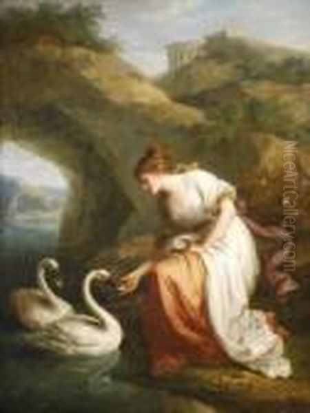 Immortality: A Nymph Presiding 
In The Temple Ofimmortality, Receives From The Swans To Be Placed In The
 Saidtemple, The Few Names They Had Saved Of Those Whom An Aged Man Had
 Thrown Into The River Lethe Oil Painting by Angelica Kauffmann