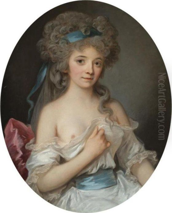 Portrait Of A Young Lady, 
Half-length, Wearing A White Dress With Ablue Ribbon In Her Hair Oil Painting by Angelica Kauffmann