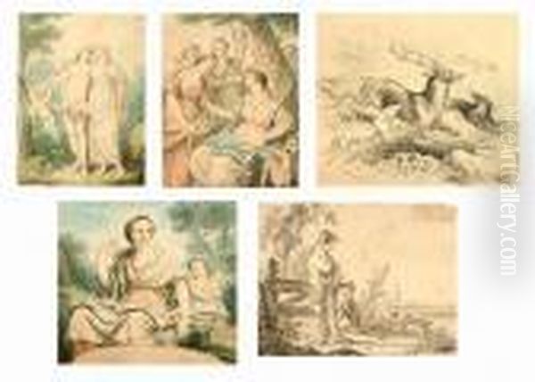 Three Unframed Watercolours Of 
Classical Scenes, Together With A Pencil Drawing, Bears Signature 
Koekkoek And Another Oil Painting by Angelica Kauffmann