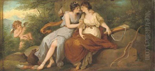Jupiter Disguised As Diana With 
Callisto, Seated On A Rock In Awooded Landscape With Cupid Beyond Oil Painting by Angelica Kauffmann