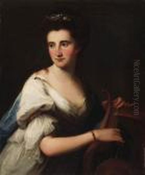 Portrait Of Mrs. Cubley As 
Terpsichore, Half-length, In A Whitedress And A Blue Wrap, Playing A 
Lyre Oil Painting by Angelica Kauffmann