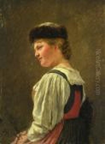 Damenportrait
 Darstellung Einer Jungen Frau Auf Einem Hocker Sitzend. Die Kopfbedeckung Mit Pelzbesatz In Dirndl. Oil Painting by Hugo Kauffmann