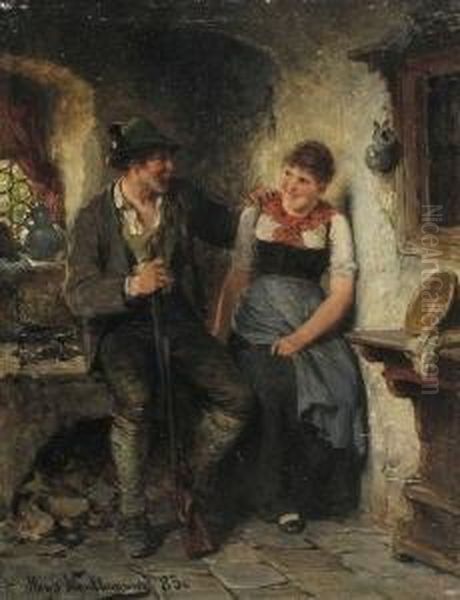 Jager Und Dirndl In Der
 Stube. Oil Painting by Hugo Kauffmann